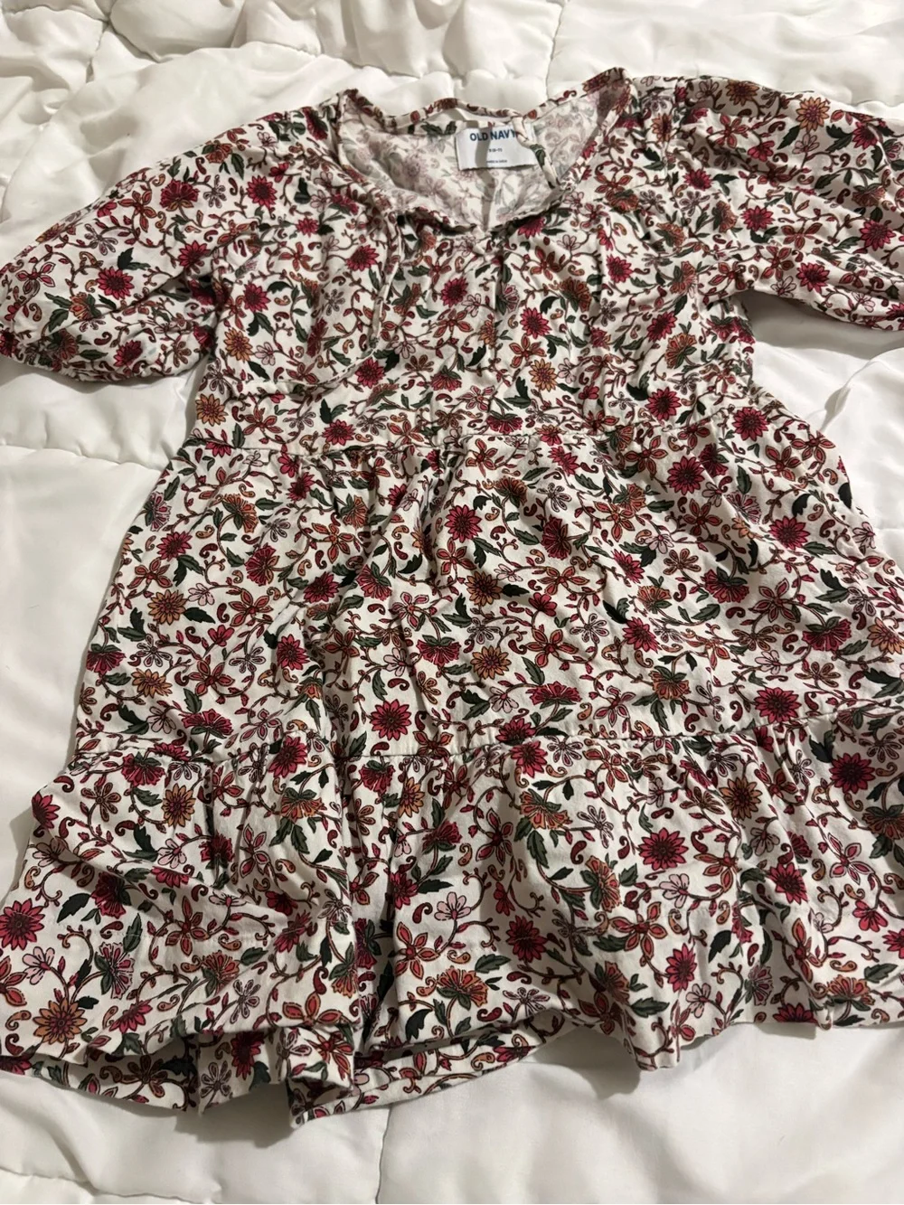Old Navy Floral Tiered Dress - Cream with Red & Green Print
